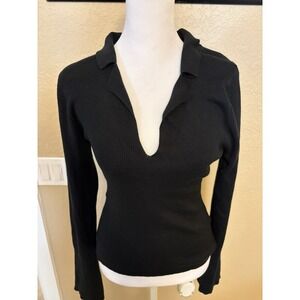 J Crew Women's Black Ribbed Knit Deep V Pullover, Medium, Silk Blend